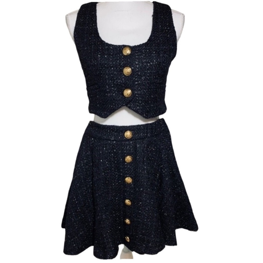 Mable Elegant Tweed Black Buttoned Skirt Set